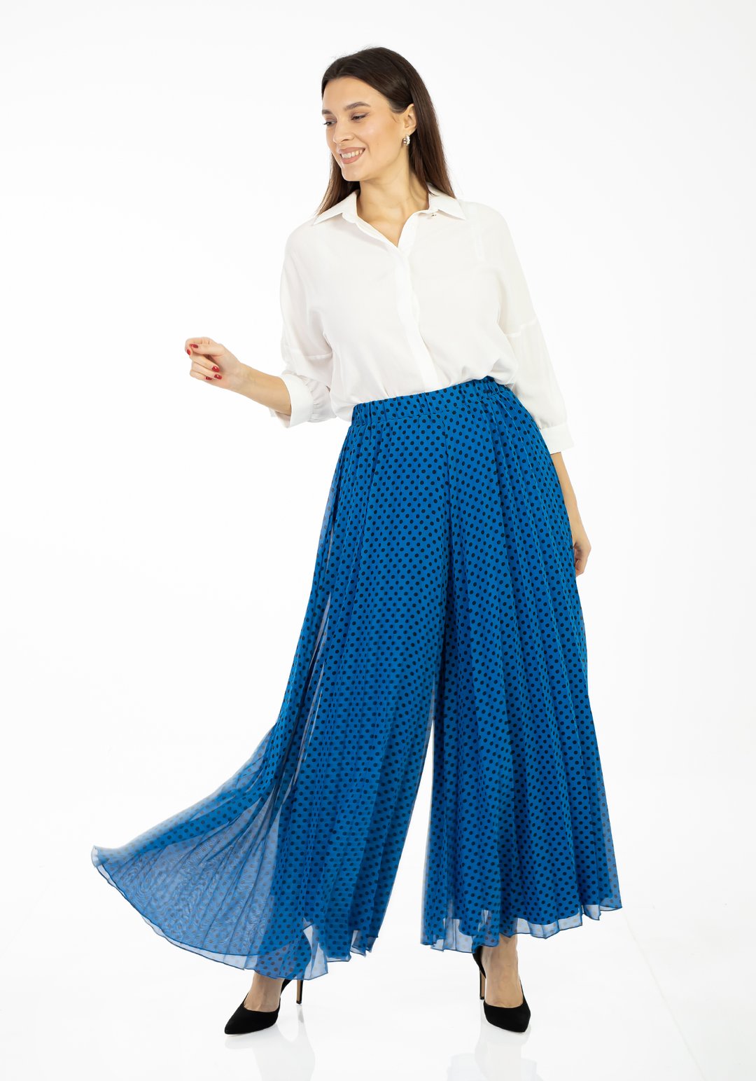 Maxi Boy Puantiyeli Pilise Şifon Pantolon - INDIGO