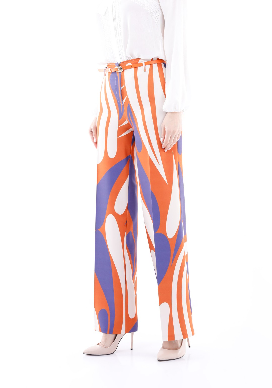 Maxi Boy Beli Kemerli Dijital Baskılı Geniş Paça Pantolon - NEON ORANGE