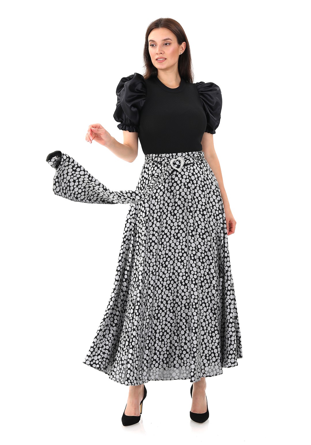 PREMİUM Yakma Puantiye Desenli Maxi(100cm) boy Etek