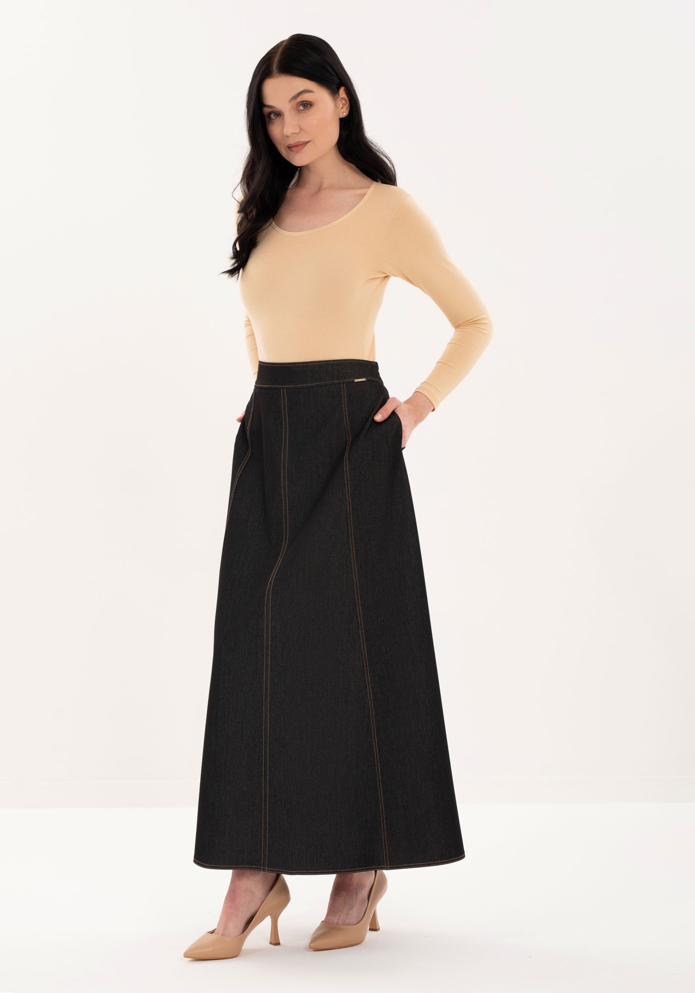Denim Maxi(100cm) boy Cepli 8-parçalı Dikiş detaylı Etek
