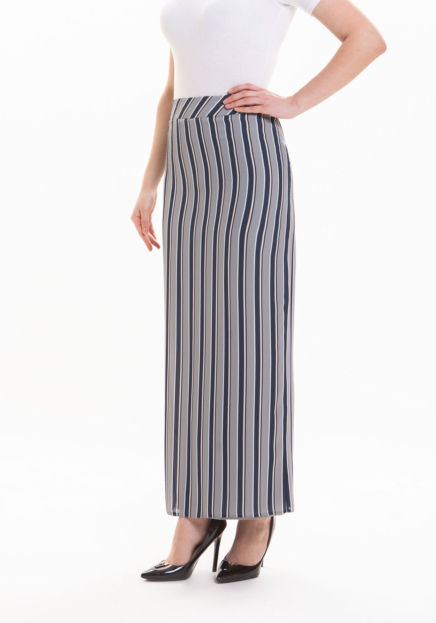 Striped Side Pleat Slit Detail Maxi Pencil Skirt