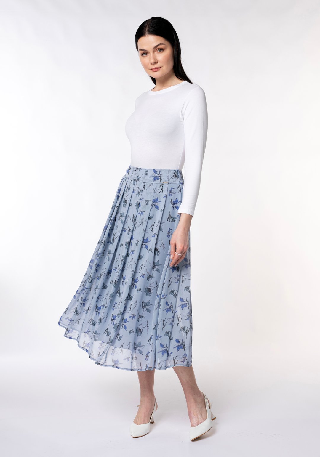 PREMİUM Desenli Şifon Denim rengi Max-Midi(90cm) boy Pileli Etek