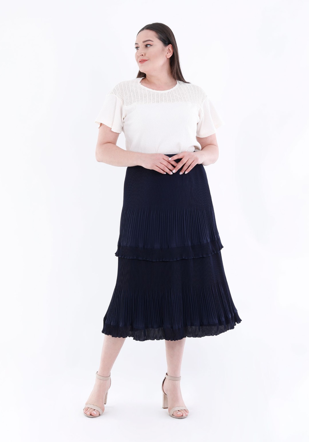Büyük Beden Midi Boy Mini Plise Geçişli Volanlı Etek - NAVY BLUE