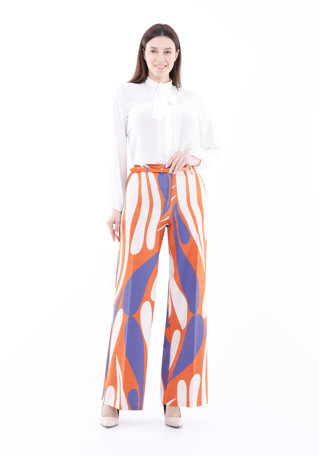 Maxi Boy Beli Kemerli Dijital Baskılı Geniş Paça Pantolon - NEON ORANGE