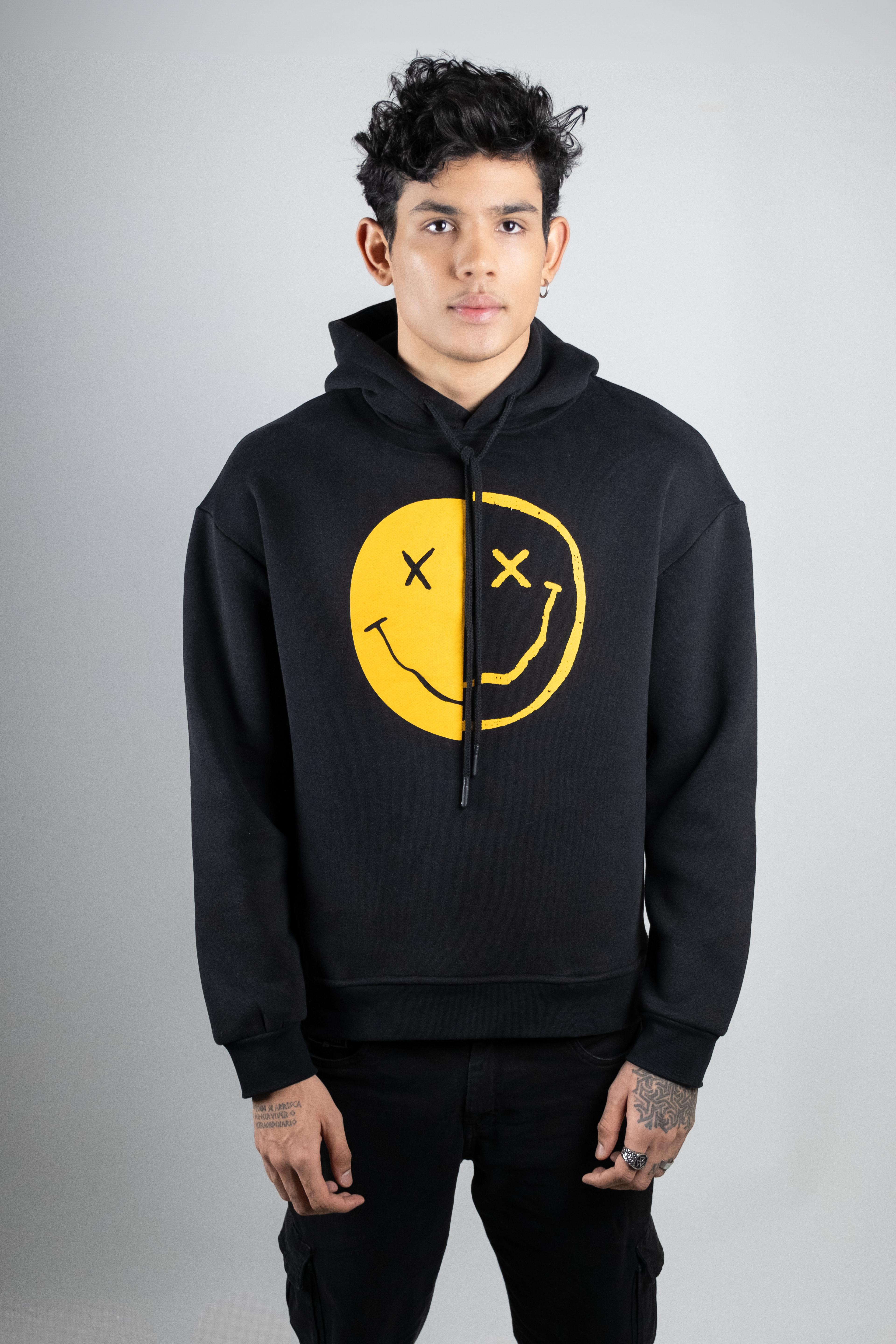 Smiley Baskılı ve Düşük Omuzlu Kapüşonlu Hoodie