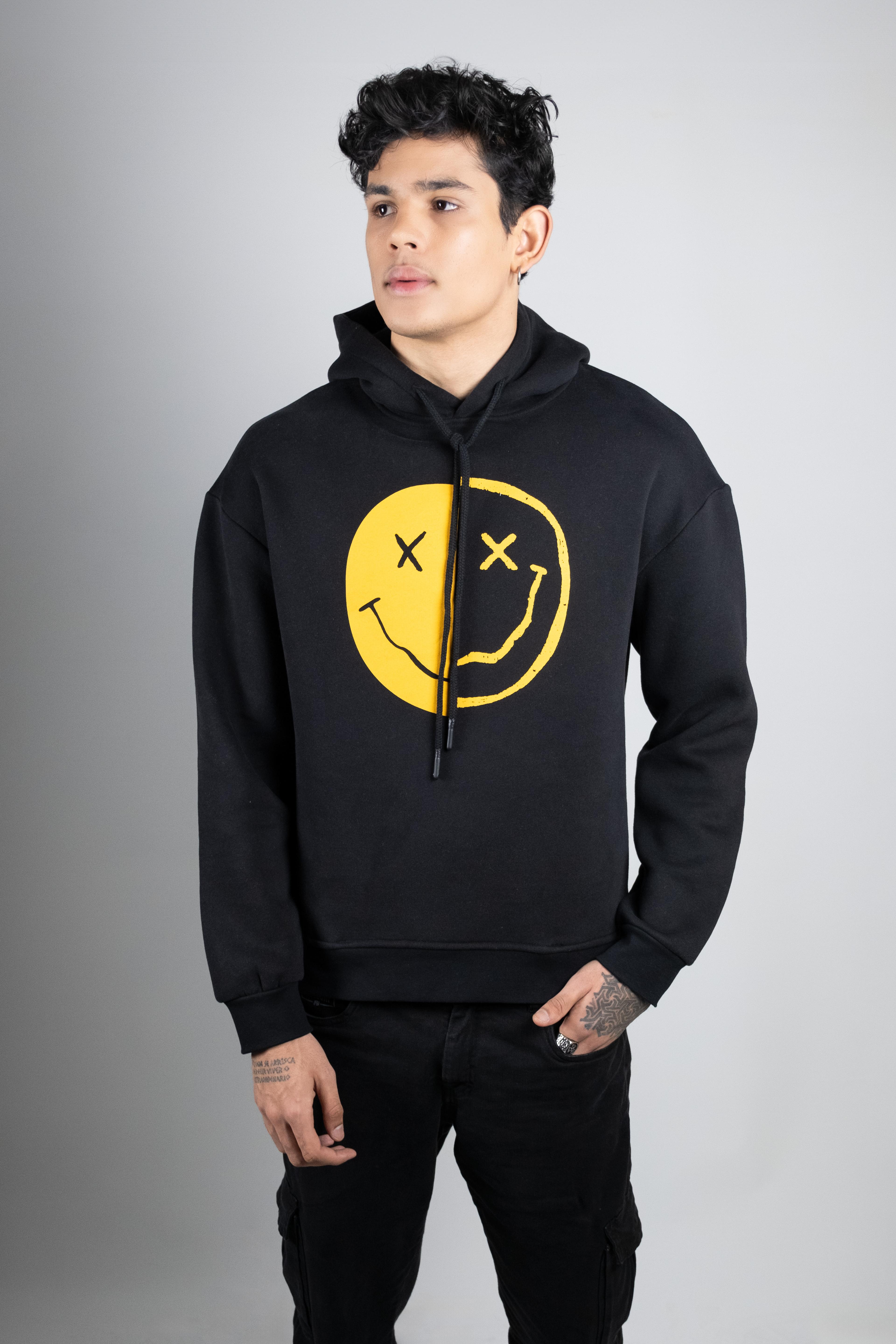 Smiley Baskılı ve Düşük Omuzlu Kapüşonlu Hoodie