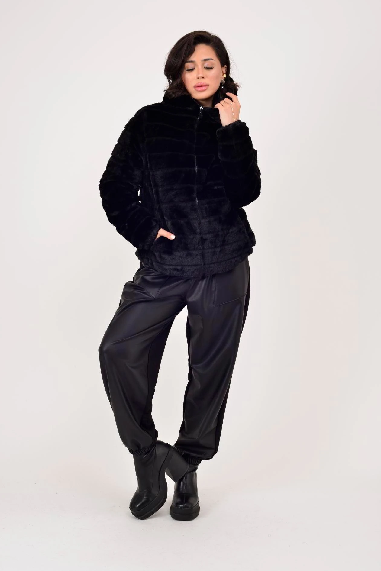 KÜRK DETAYLI ÇİFT TARAFLI MONT - SİYAH