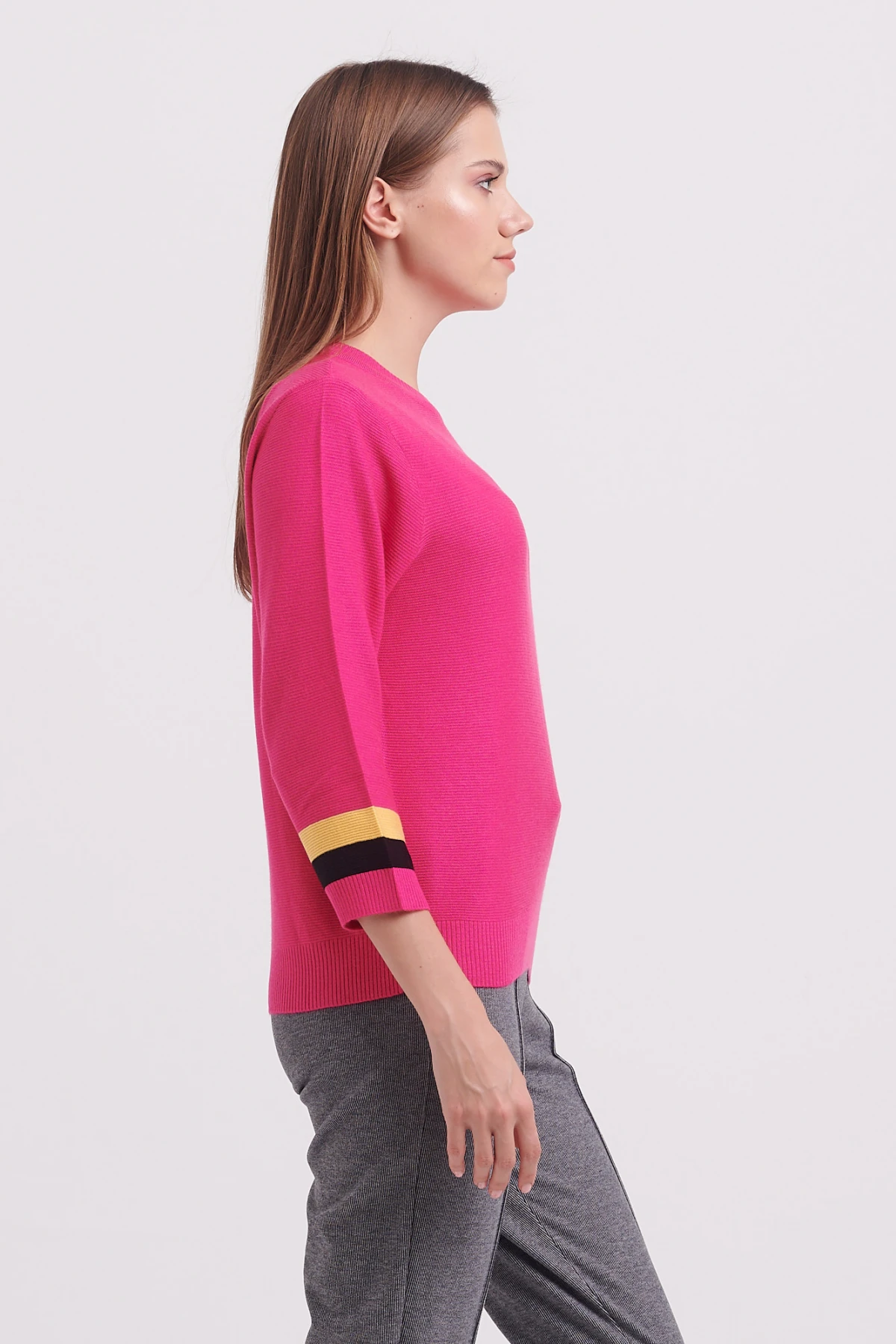 On Renkli Cep Detaylı Triko Kazak Fuşya