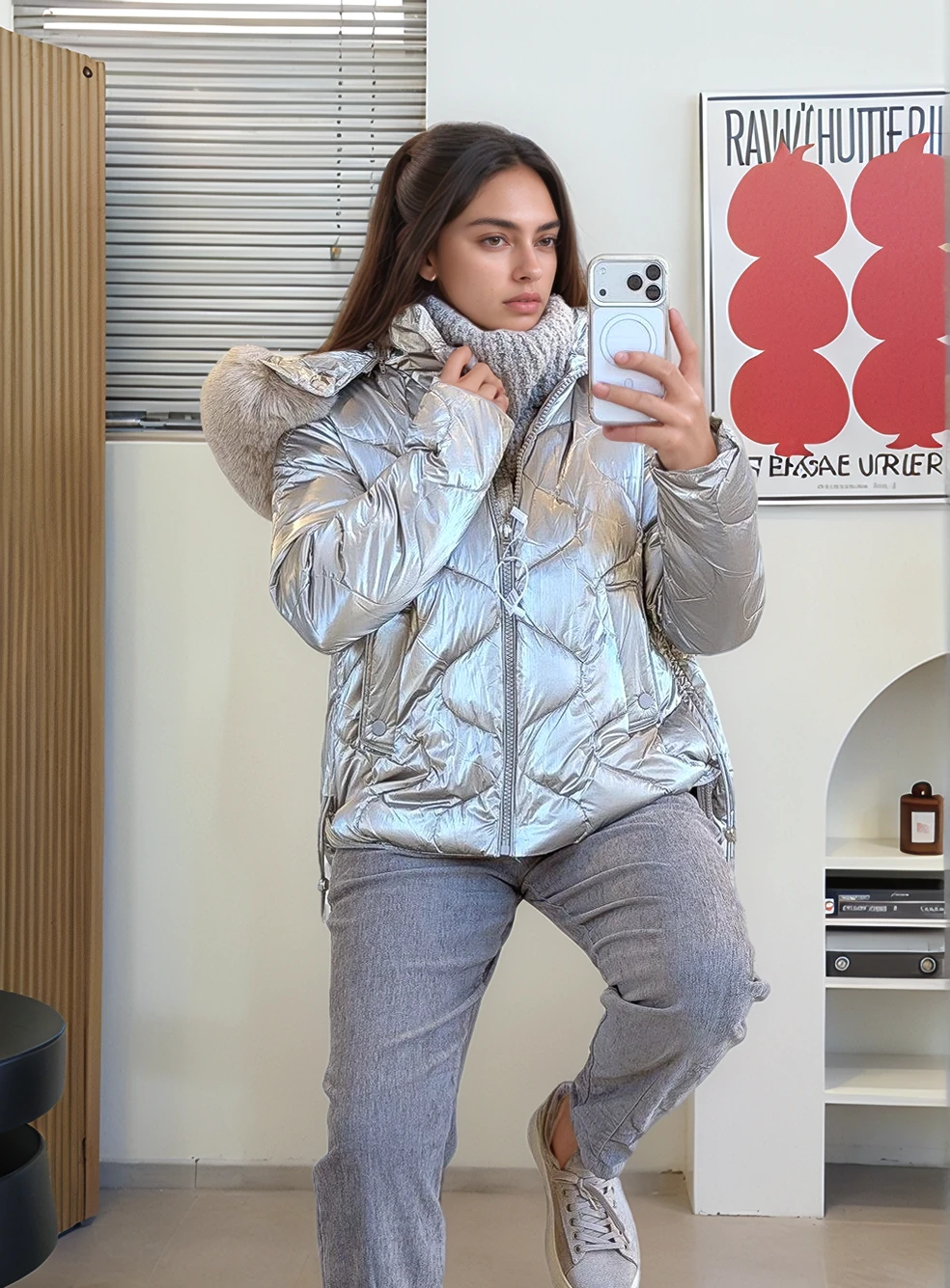 Kapüşonu Kürklü Parlak Mont  - GOLD