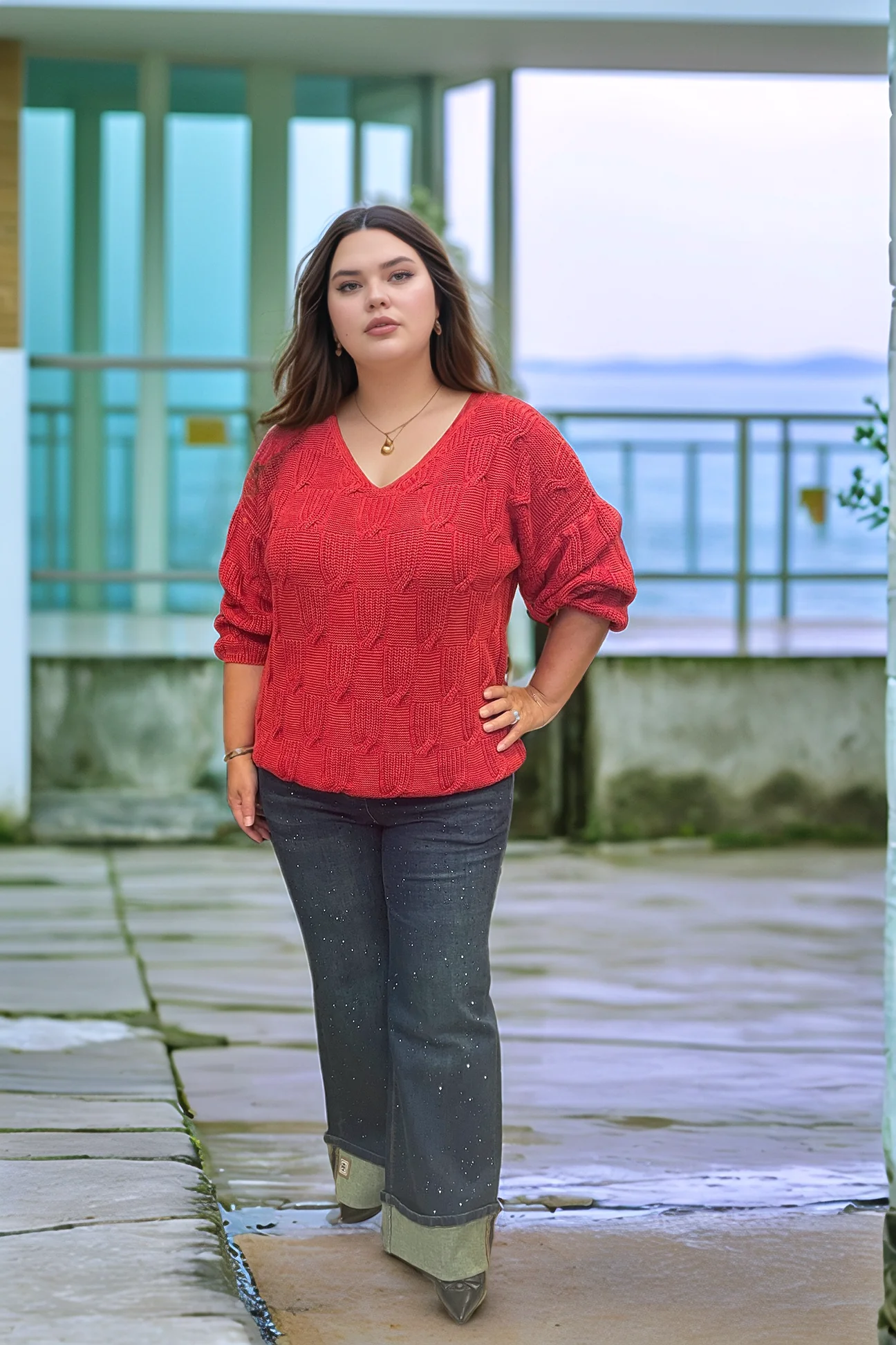 V YAKA MERSERİZE BLUZ - KIRMIZI