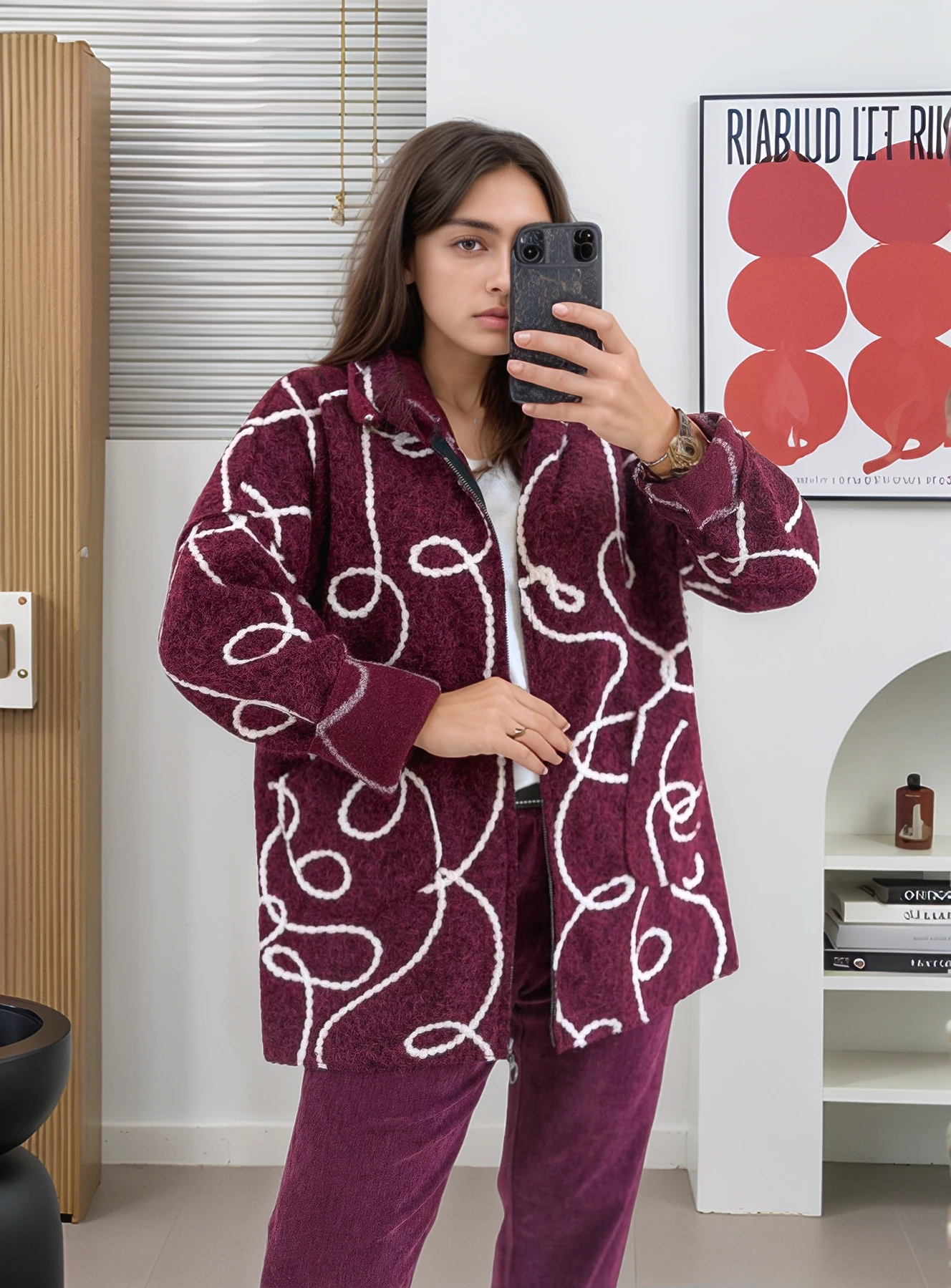 Halat Çizgiler Detaylı Keçe Kaban  - BORDO