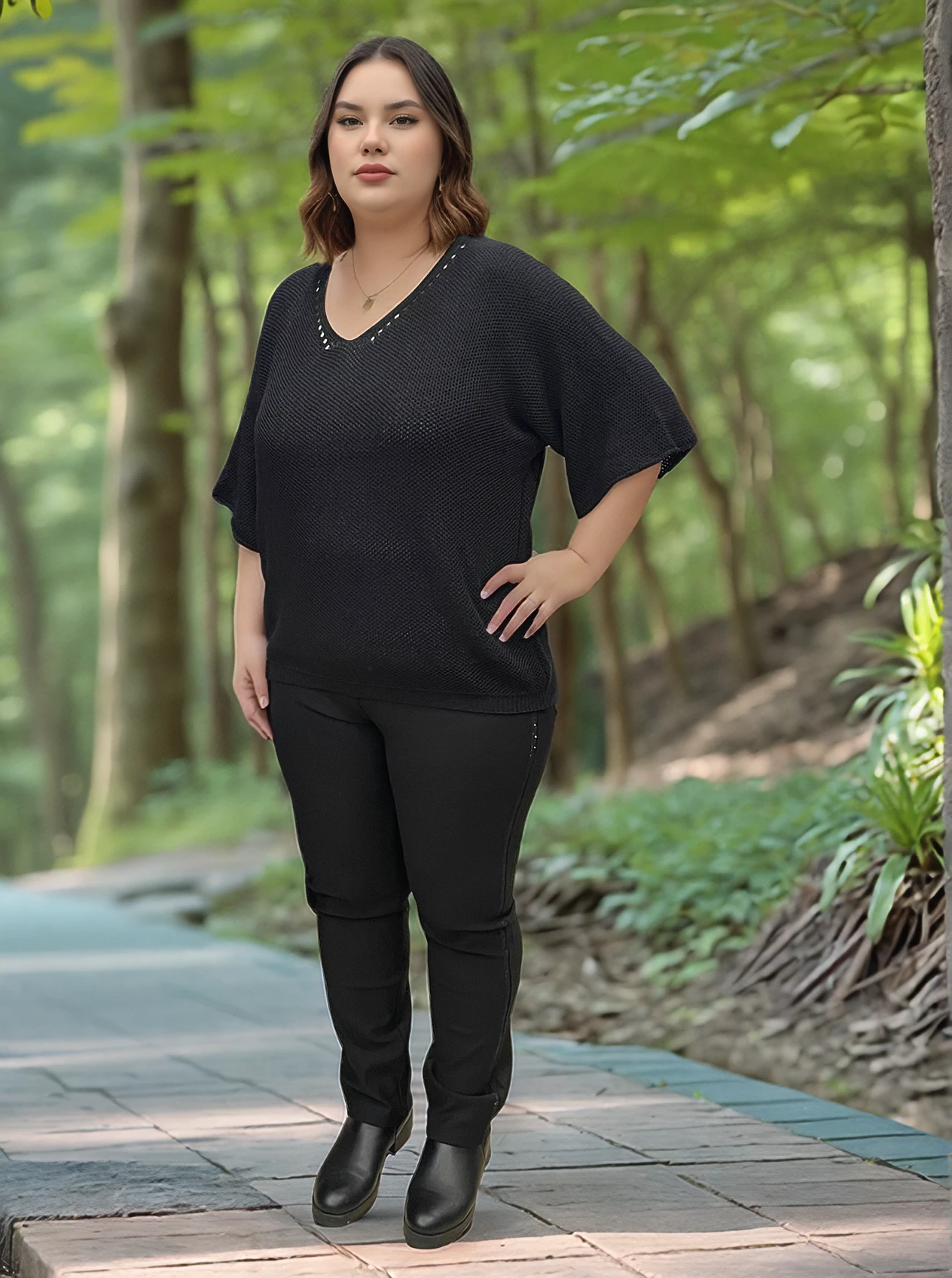 V Yaka Petek Örgü Merserize Bluz - SİYAH