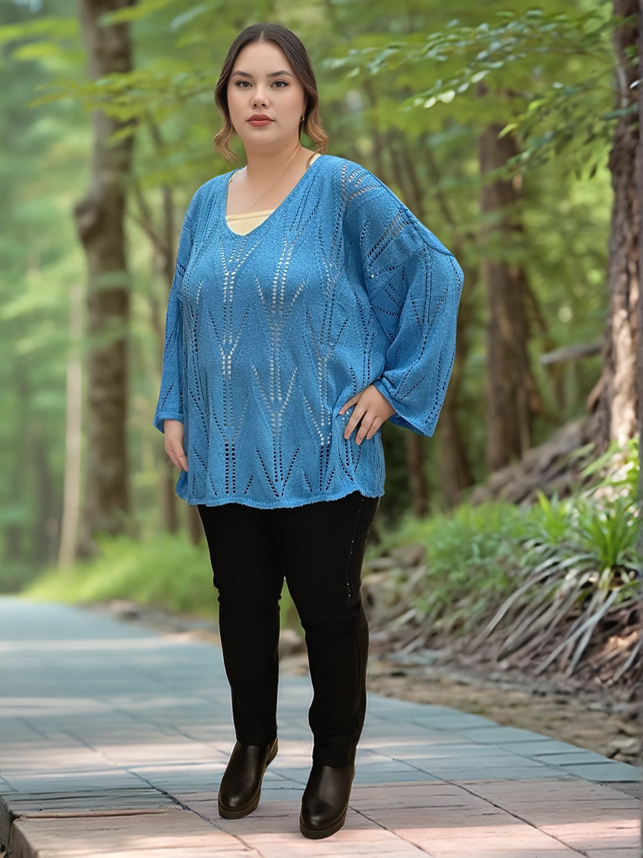 V YAKA AJURLU DESENLİ İTALYAN MERSERİZE BLUZ KAZAK - MAVİ