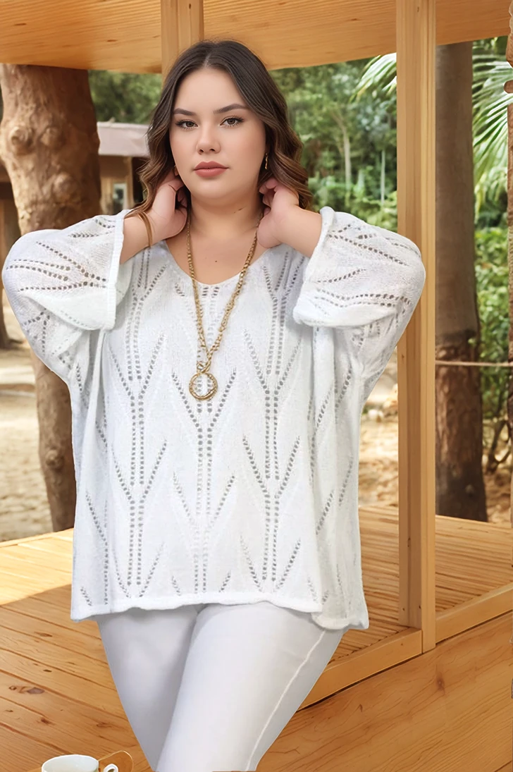 V YAKA AJURLU DESENLİ İTALYAN MERSERİZE BLUZ KAZAK - BEYAZ