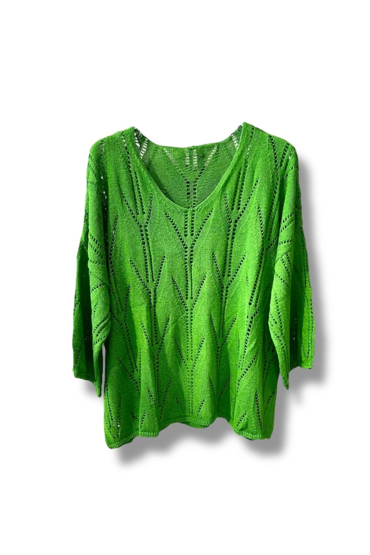V YAKA AJURLU DESENLİ İTALYAN MERSERİZE BLUZ KAZAK - YEŞİL