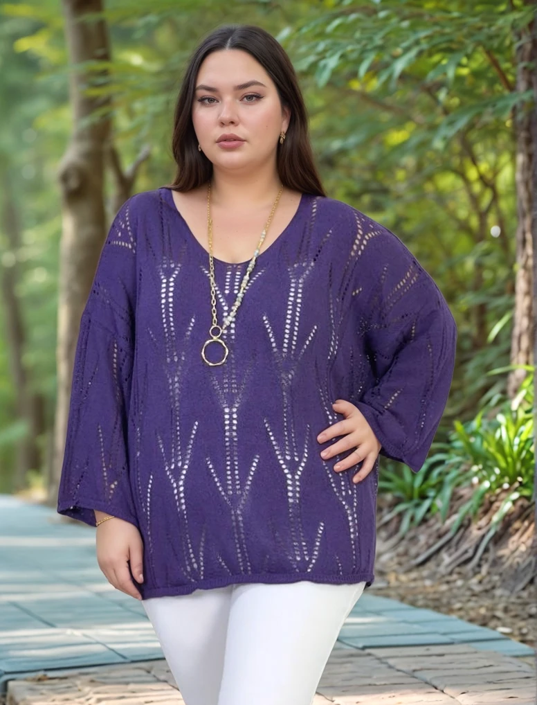V YAKA AJURLU DESENLİ İTALYAN MERSERİZE BLUZ KAZAK - MOR
