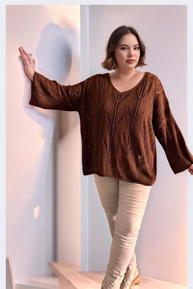 V YAKA AJURLU DESENLİ İTALYAN MERSERİZE BLUZ KAZAK - KAHVE