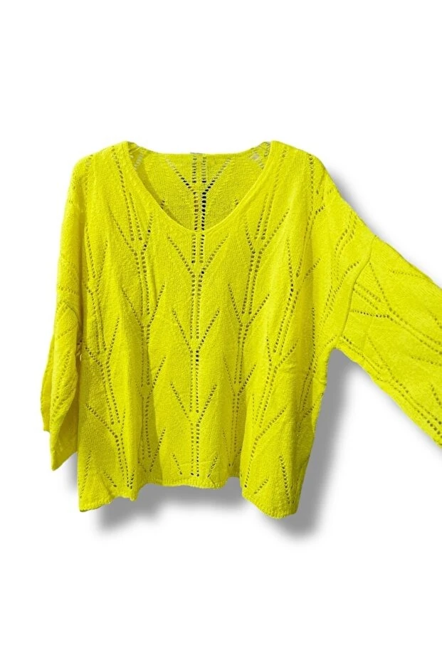 V YAKA AJURLU DESENLİ İTALYAN MERSERİZE BLUZ KAZAK - SARI