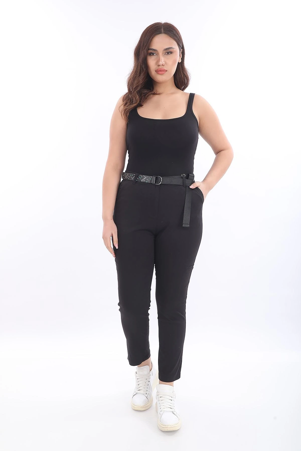 BÜYÜK BEDEN PAMUKLU YÜKSEK BEL PANTOLON - SİYAH