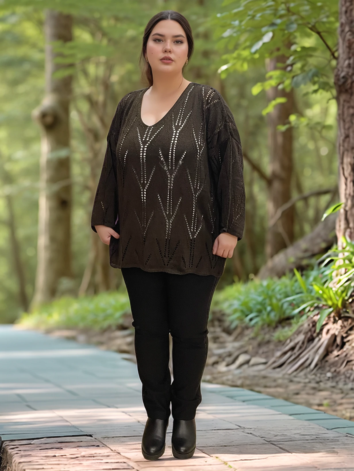 V YAKA AJURLU DESENLİ İTALYAN MERSERİZE BLUZ KAZAK - KOYU KAHVE