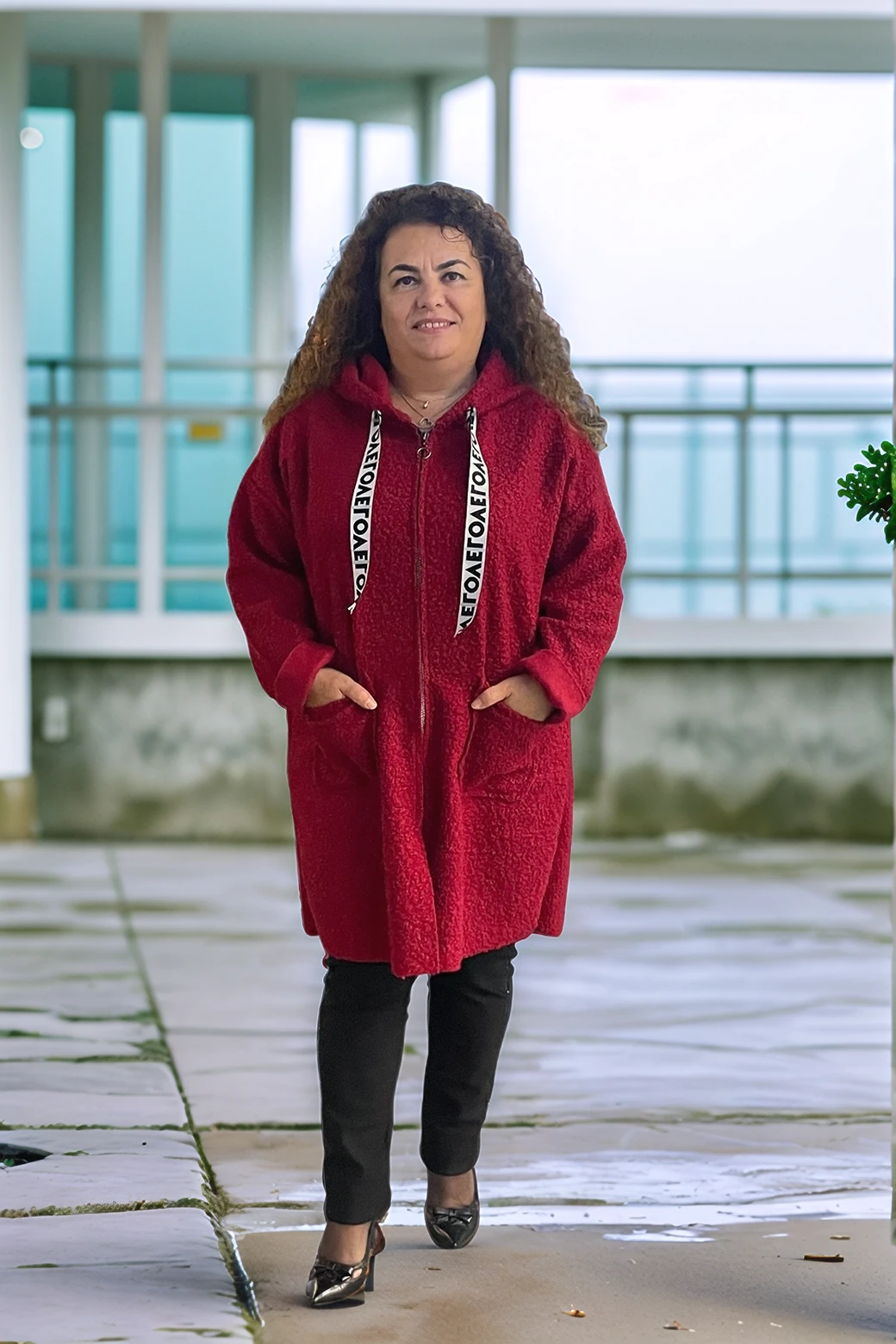 Buklet Kumaş Fermuarlı Kapüşonlu ceket - BORDO