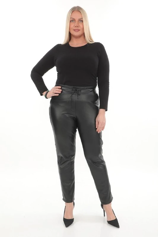 Büyük Beden Leopar Desenli Yüksek Bel Pantolon - SİYAH