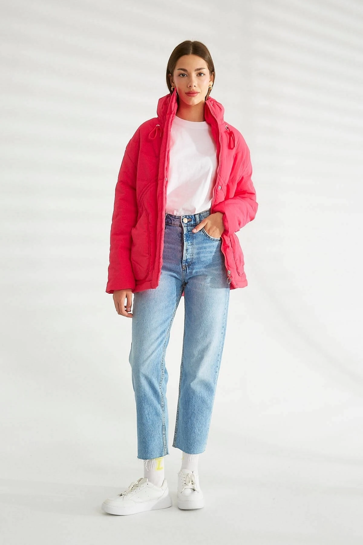 Büzgü Detaylı Cepli Şişme Mont  - PEMBE