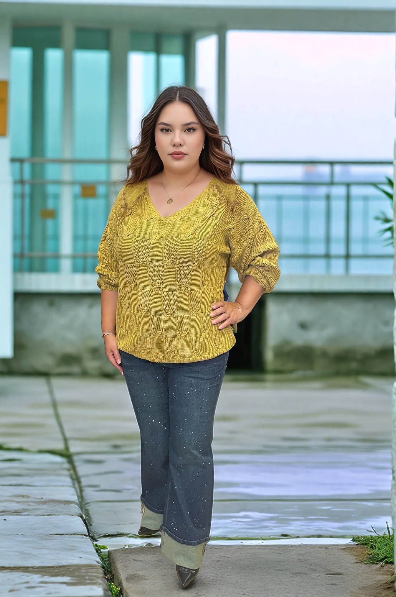 V YAKA MERSERİZE BLUZ - HARDAL