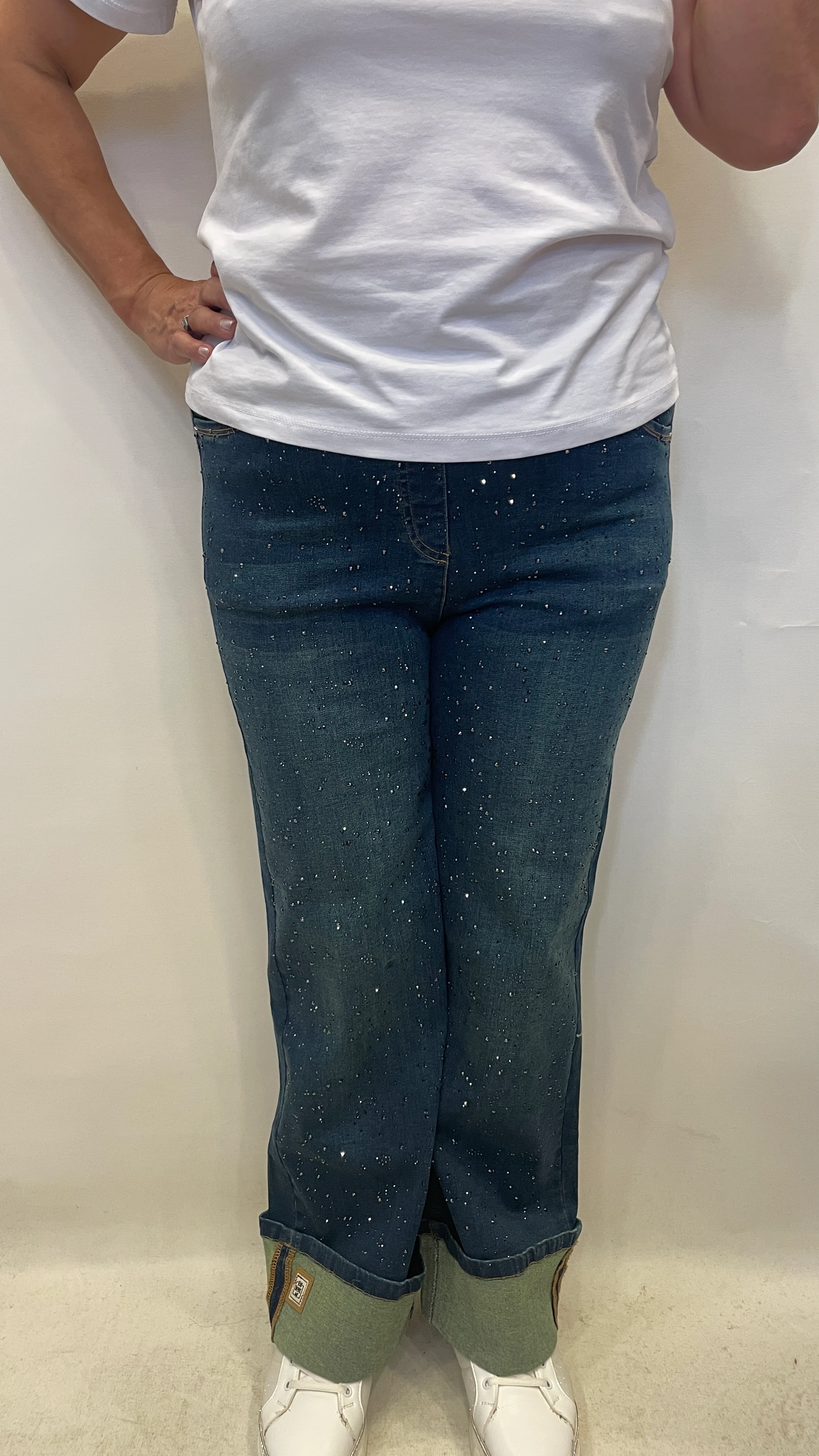 BÜYÜK BEDEN BOL PAÇA TAŞLI PAÇA DETAYLI PANTOLON - YEŞİL