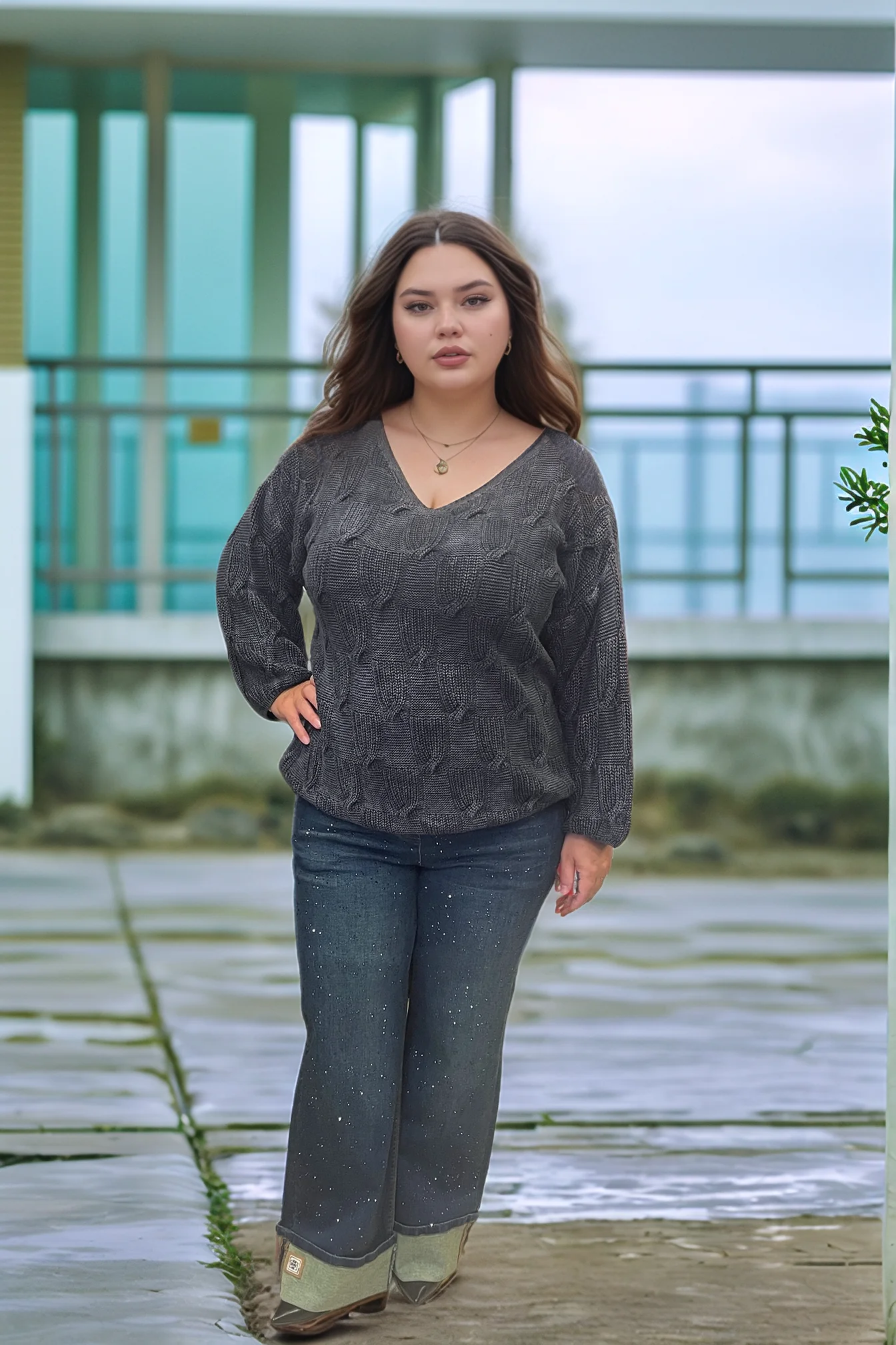 V YAKA MERSERİZE BLUZ - ANTRASİT