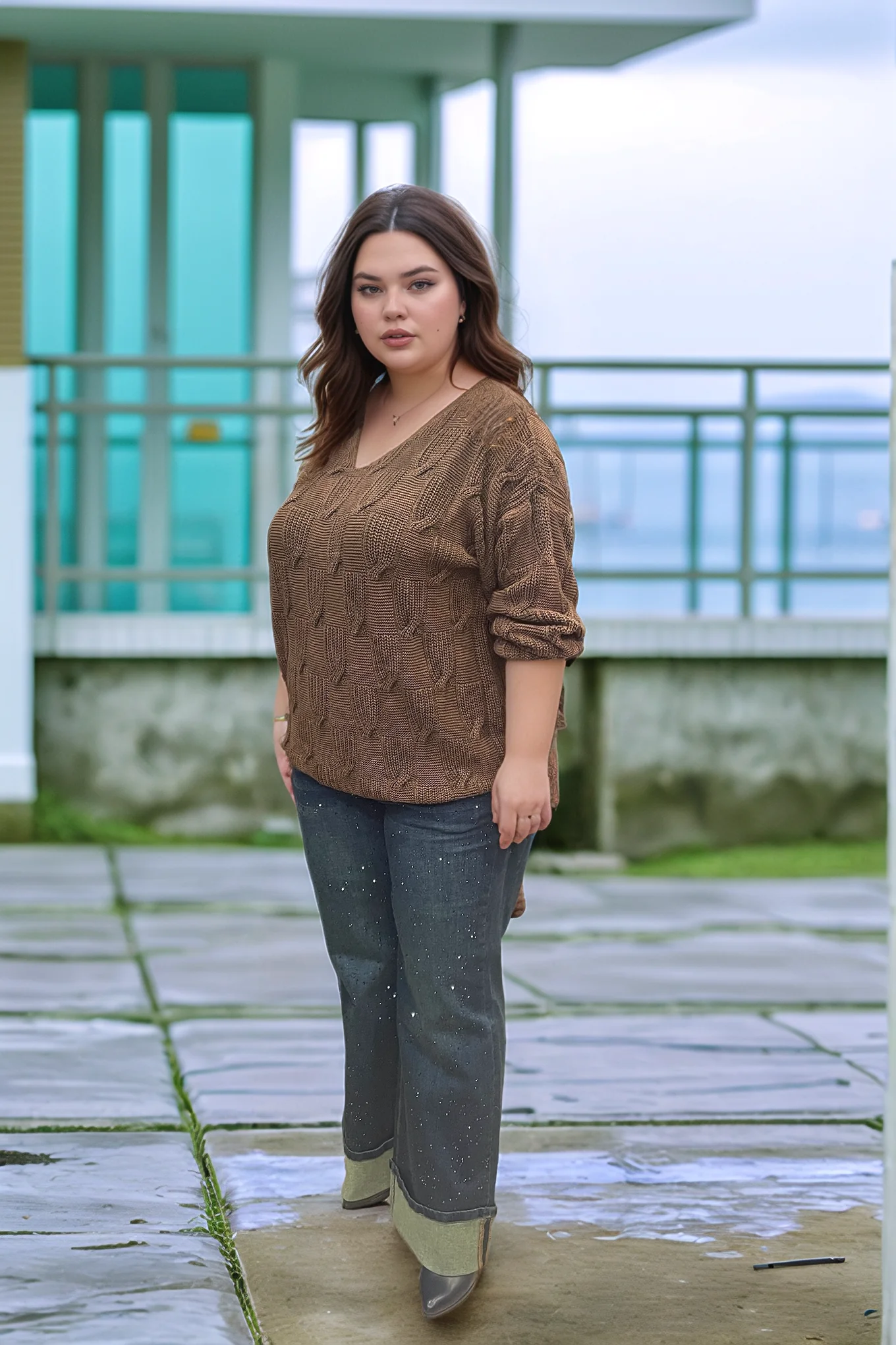 V YAKA MERSERİZE BLUZ - KAHVE