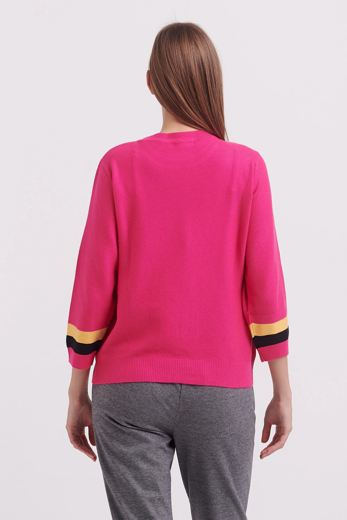 On Renkli Cep Detaylı Triko Kazak Fuşya