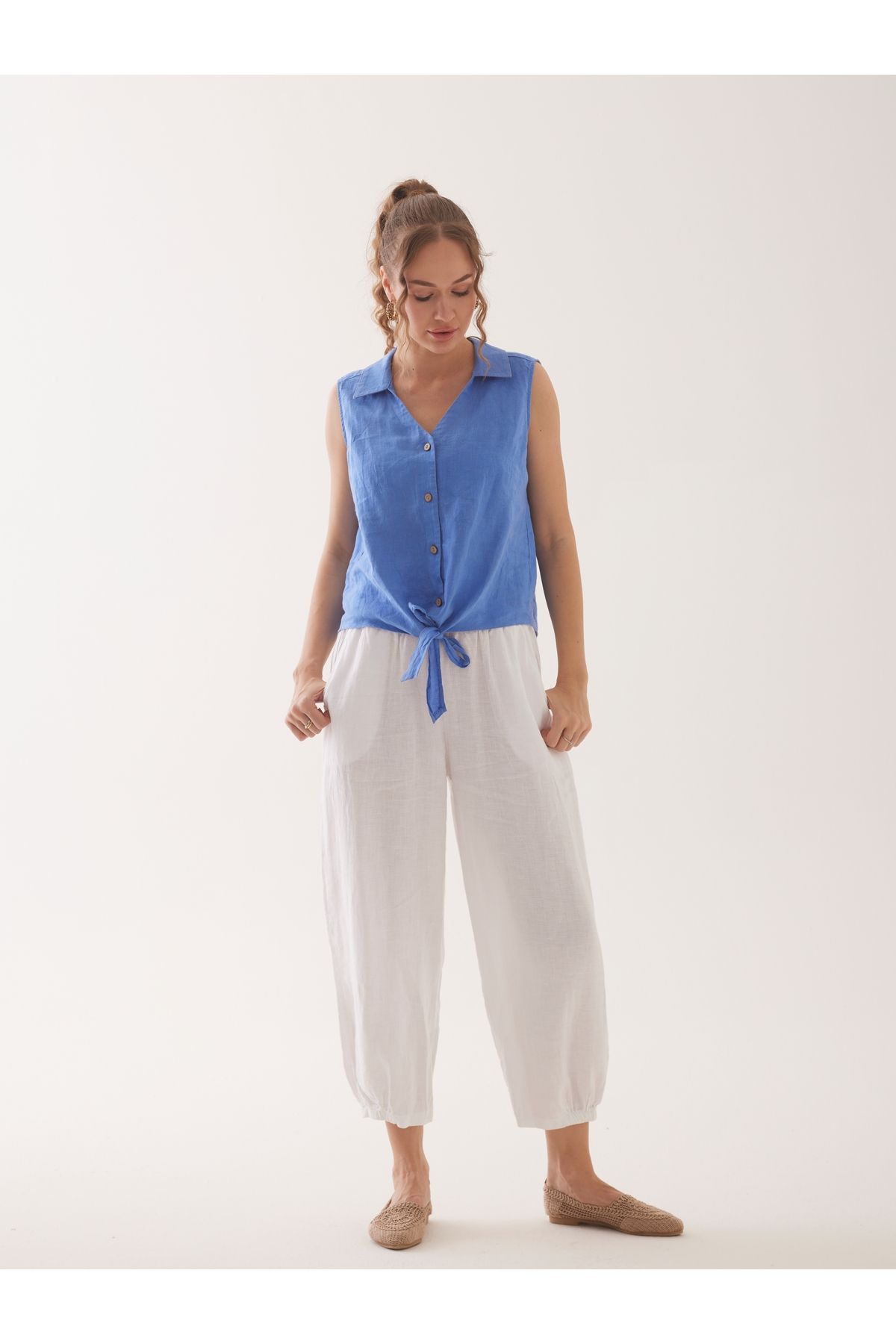 %100 NATURAL Keten Lastik Paçalı Yoga Pantolon - BEYAZ