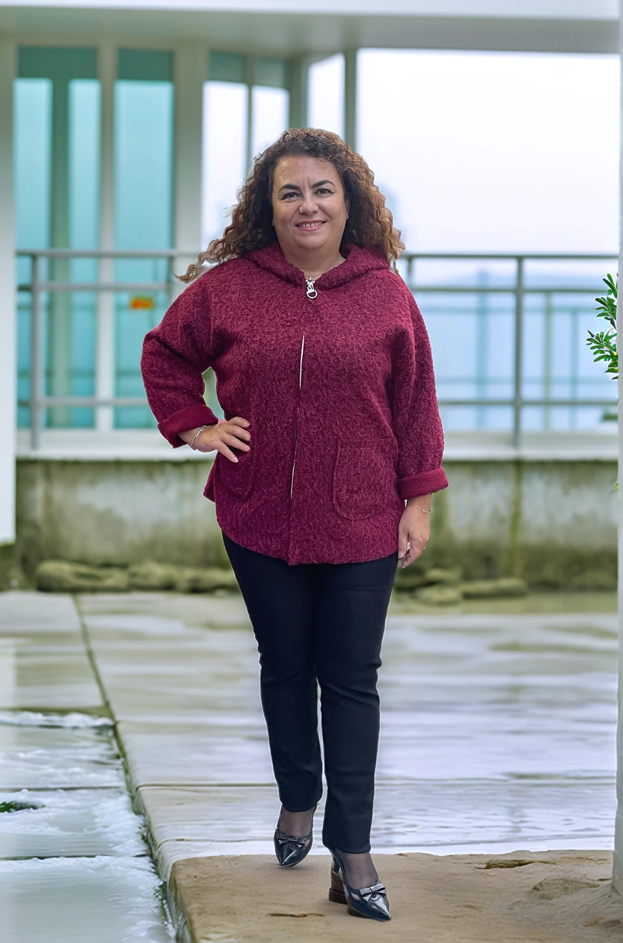 Tüylü Fermuarlı Ceket - BORDO