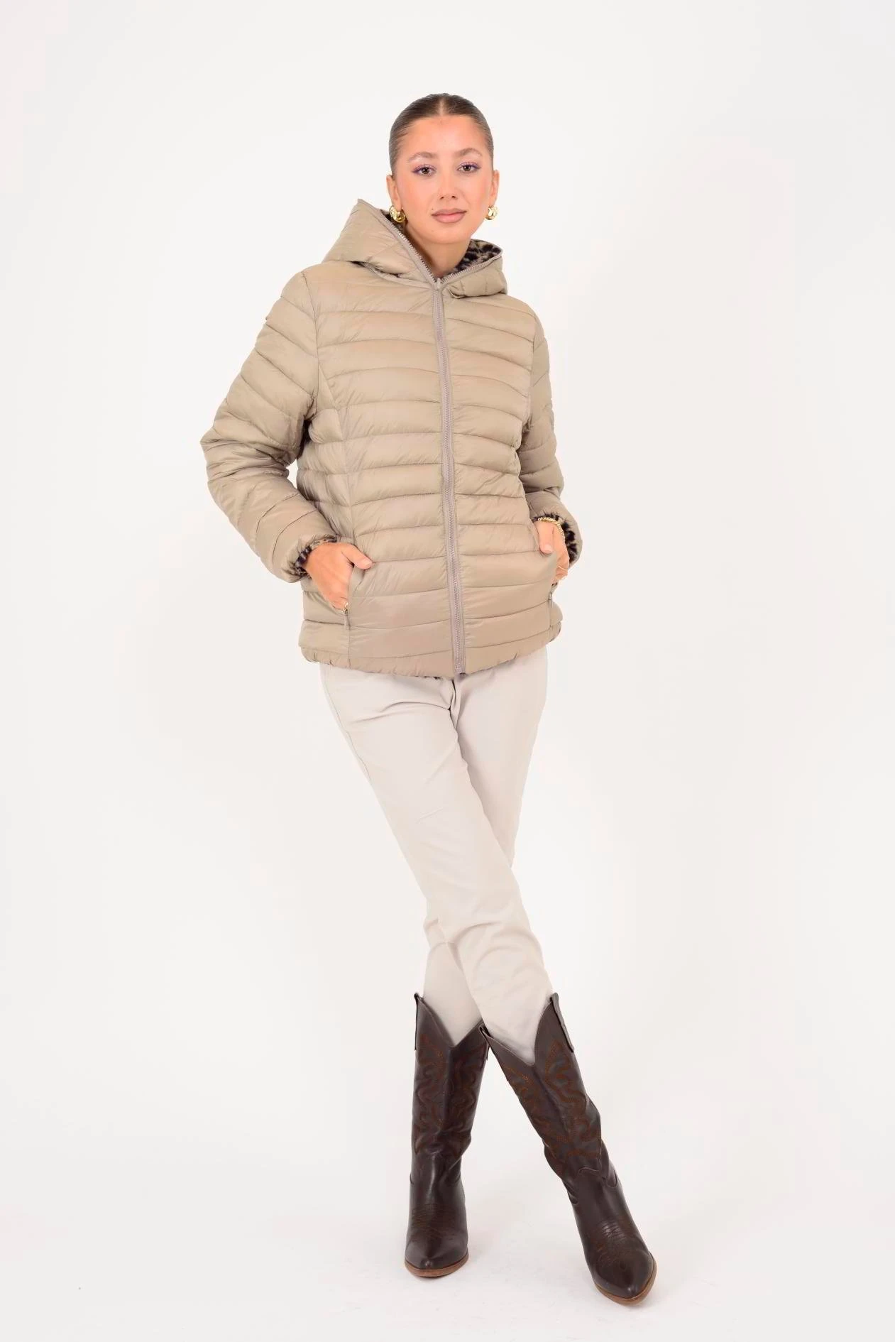 KÜRK DETAYLI LEOPARLI ÇİFT TARAFLI MONT - CAMEL