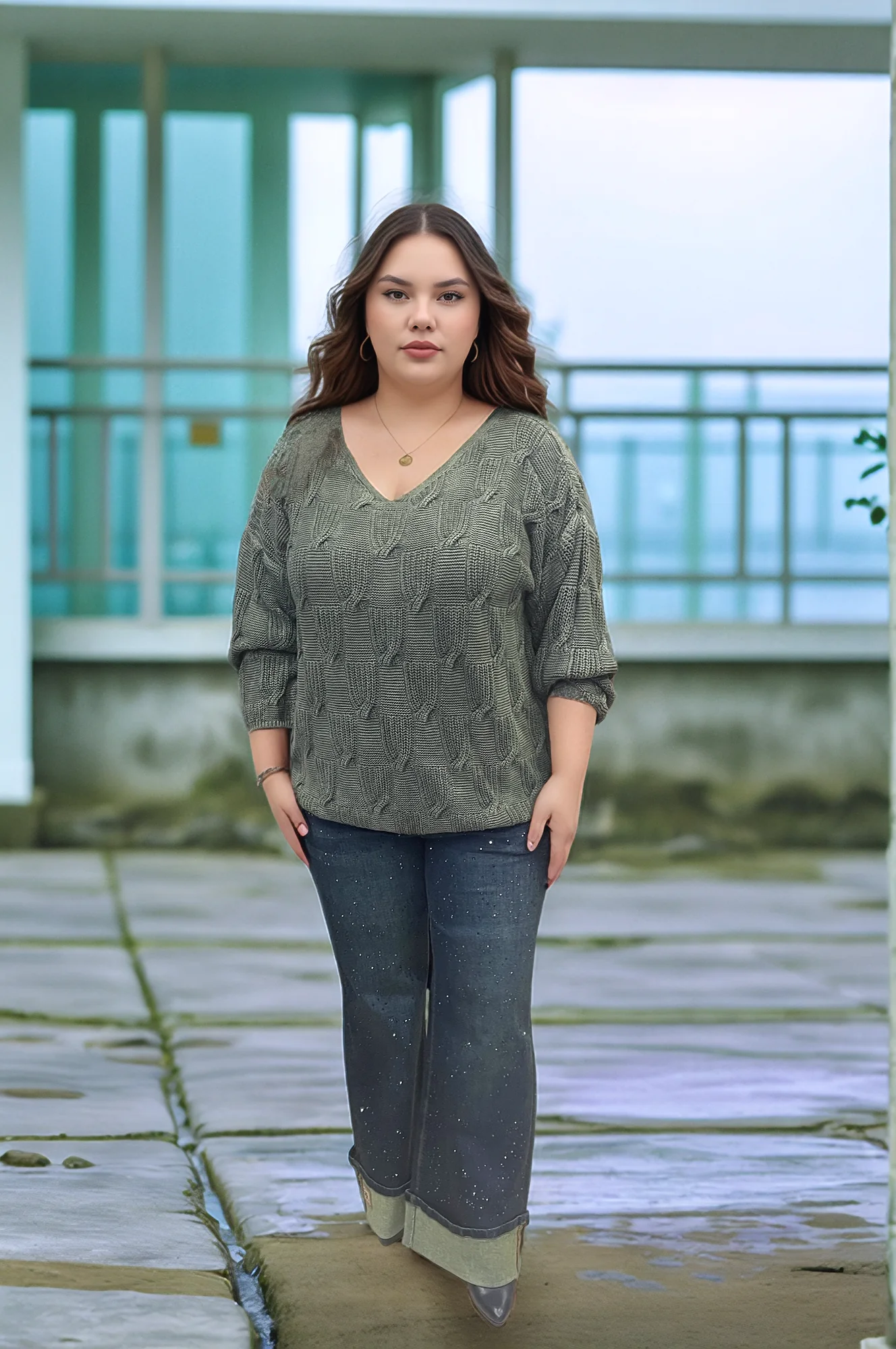 V YAKA MERSERİZE BLUZ - HAKİ