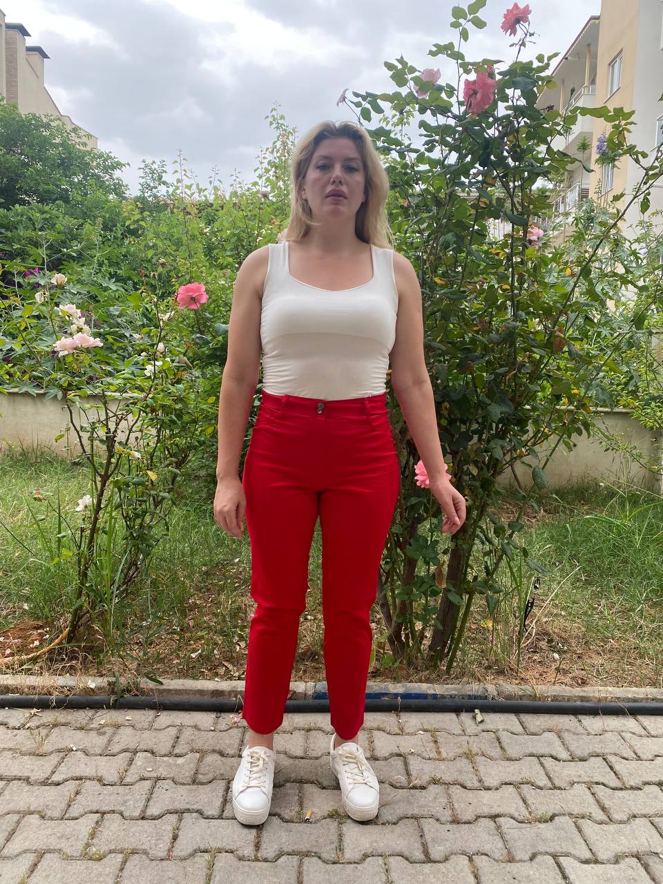 büyük beden likralı yüksek bel pantolon - KIRMIZI