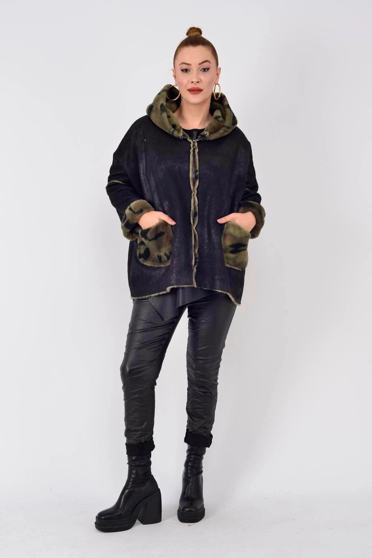 KAMUFLAJ DETAYLI NUBUK KABAN - SİYAH