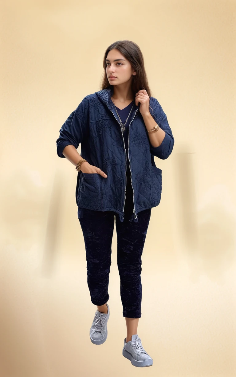 Çiçek Desenli Kapitone Ceket - LACİVERT