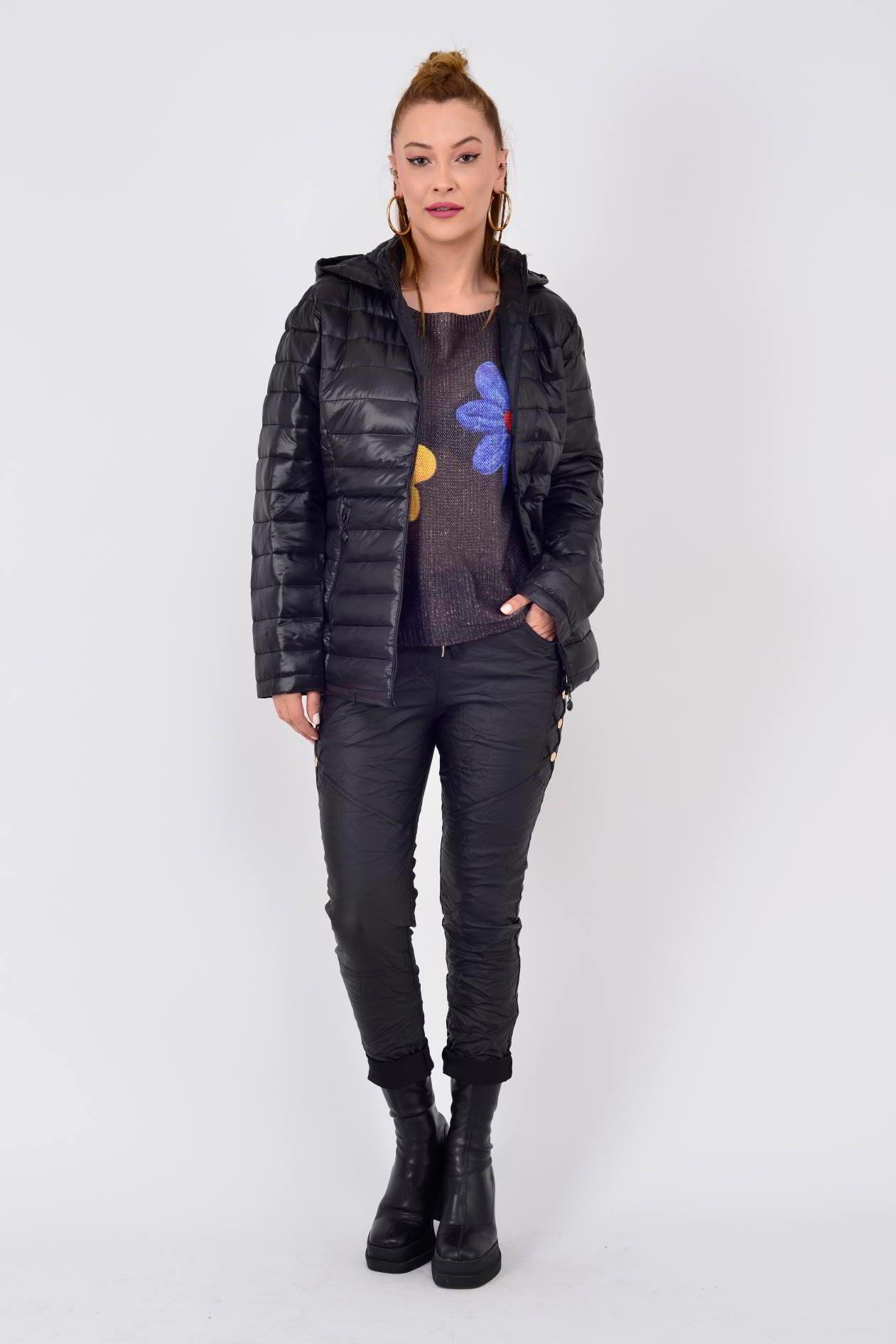 KAPÜŞON DETAYLI KAPİTONE MONT - SİYAH