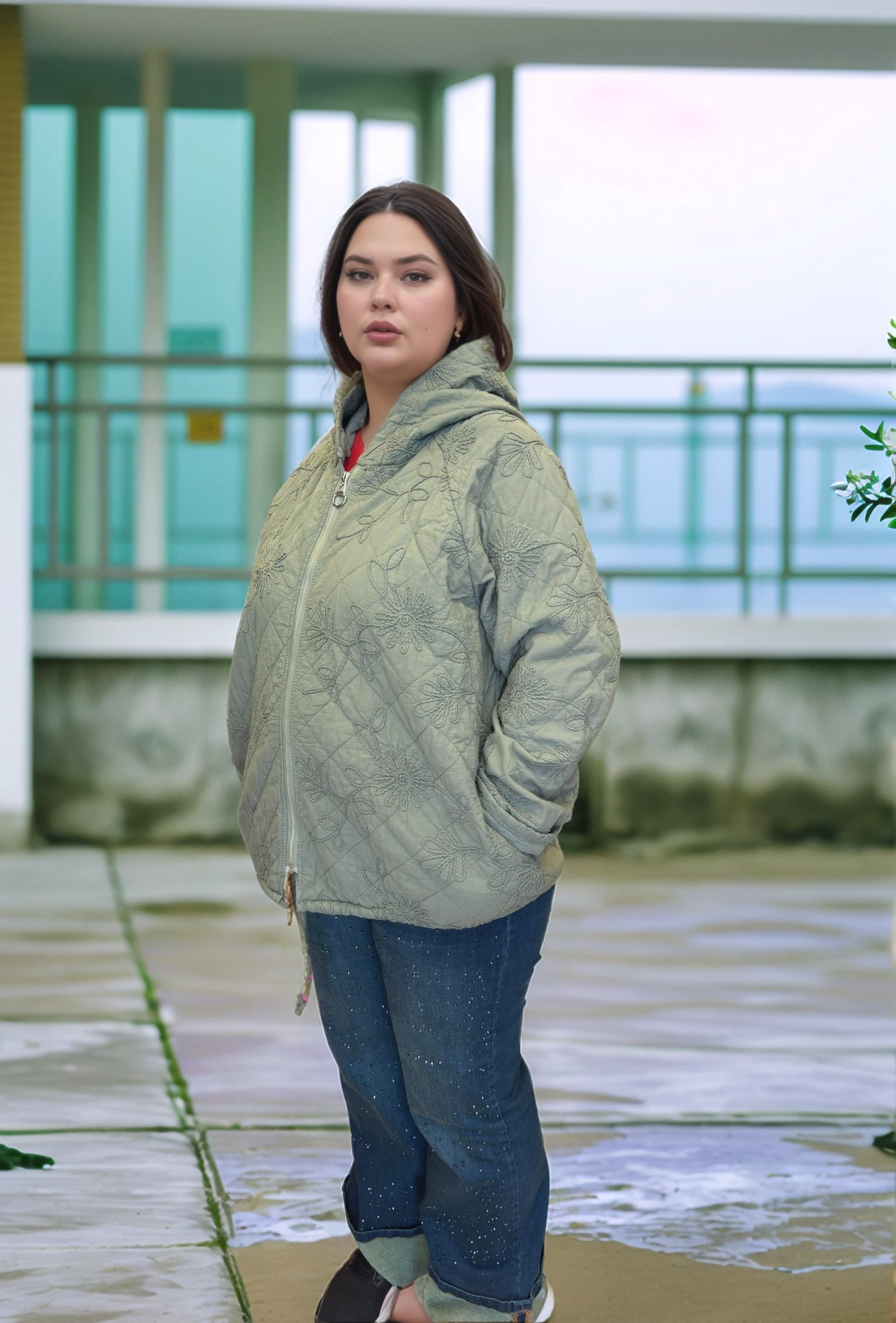 SARMAŞIK ÇİÇEK DESEN KAPÜŞONLU KAPİTONE CEKET - HAKİ