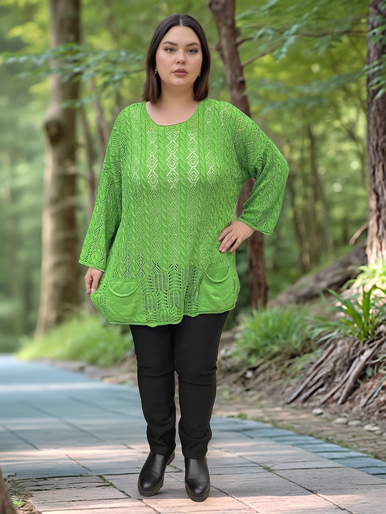 Kadın Merserize Delikli Triko Bluz Cepli Salaş - YEŞİL