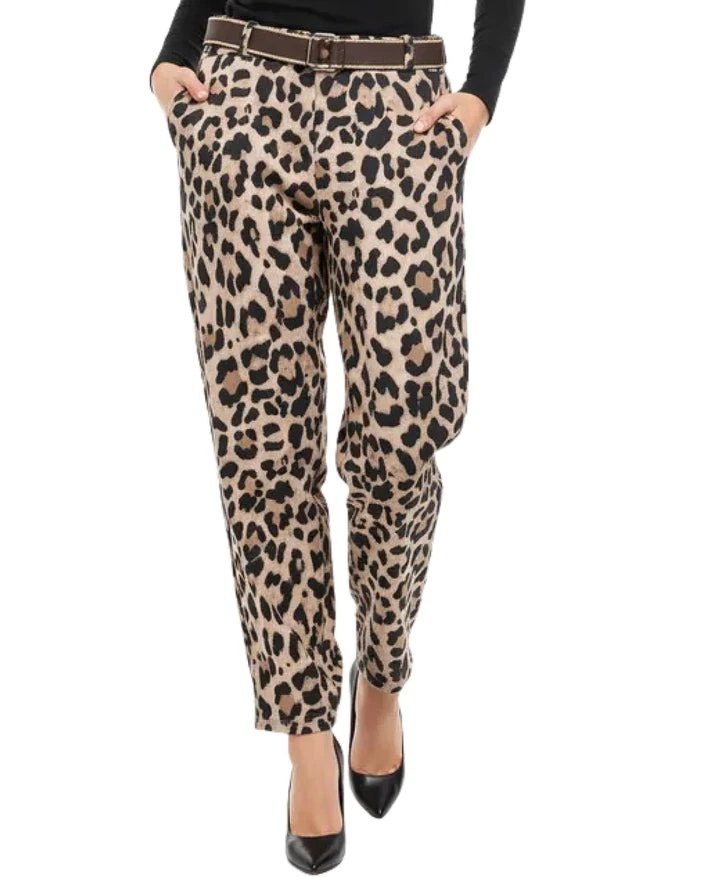 Leopar Desenli Süet Pantolon - CAMEL