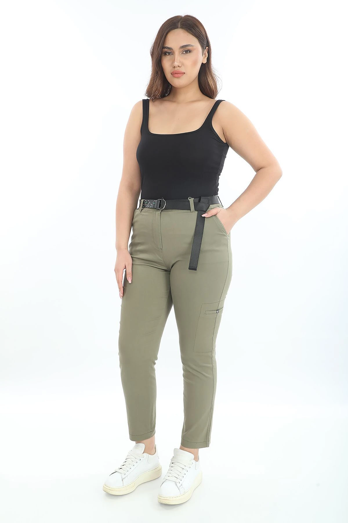 BÜYÜK BEDEN PAMUKLU YÜKSEK BEL PANTOLON - HAKİ