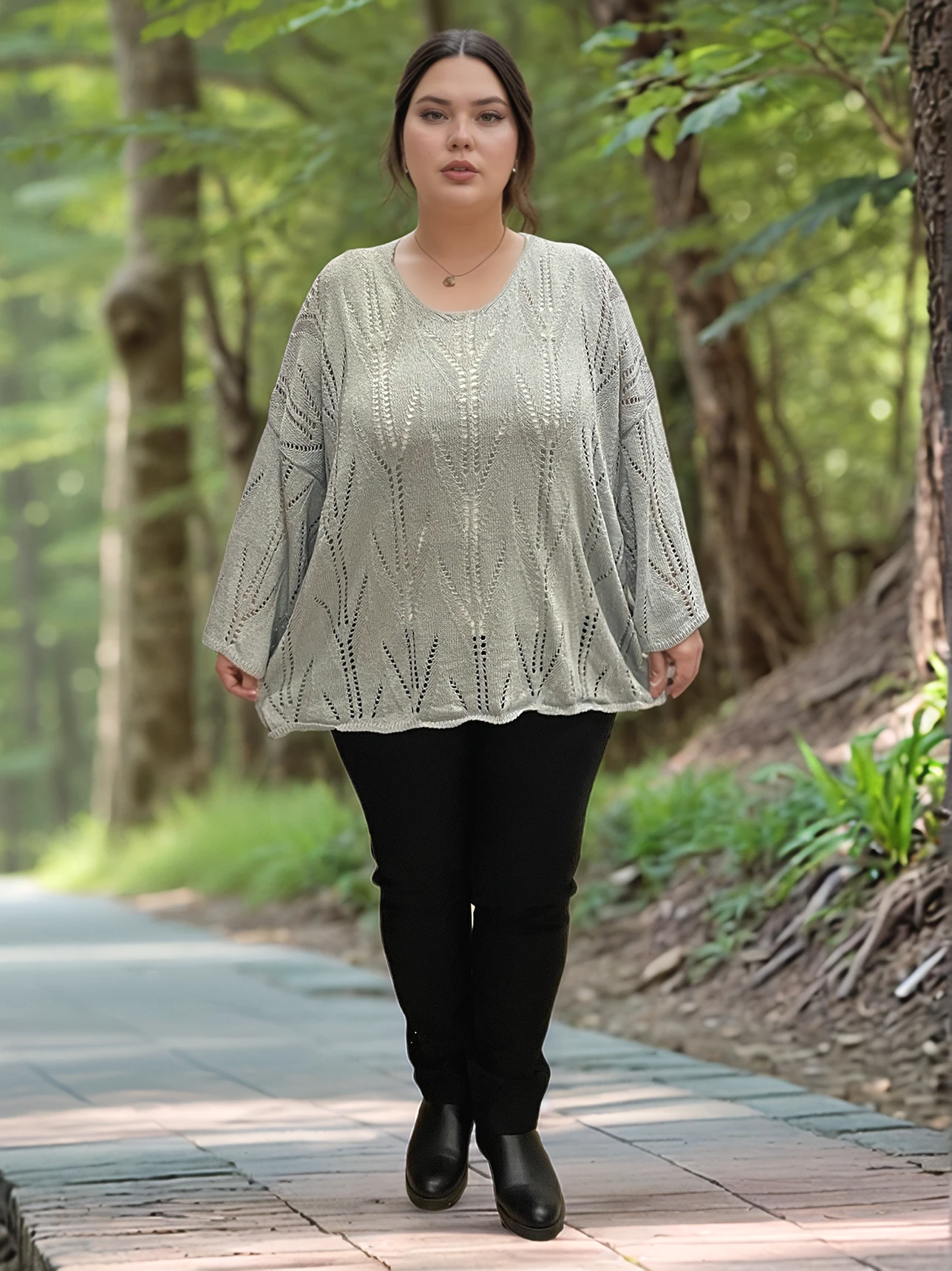 V YAKA AJURLU DESENLİ İTALYAN MERSERİZE BLUZ KAZAK - GRİ