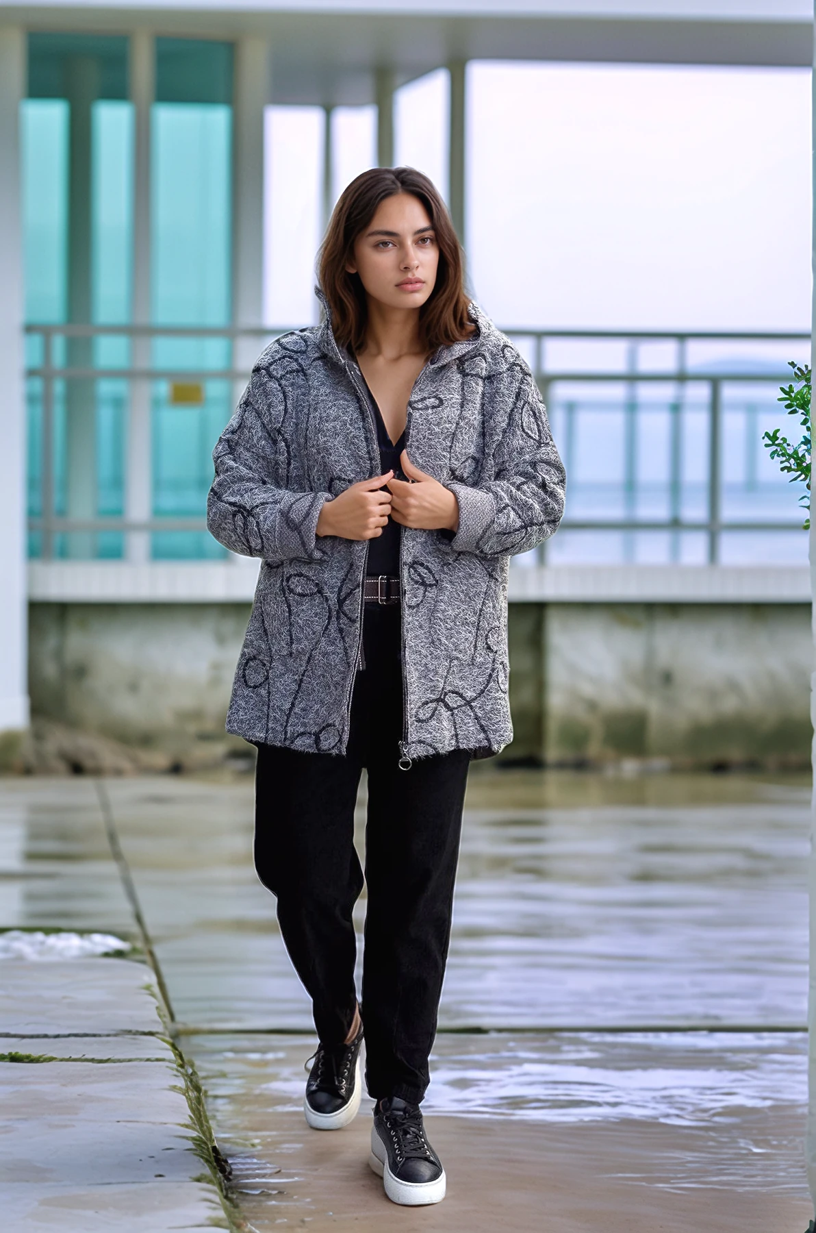 Halat Çizgiler Detaylı Keçe Kaban  - GRİ