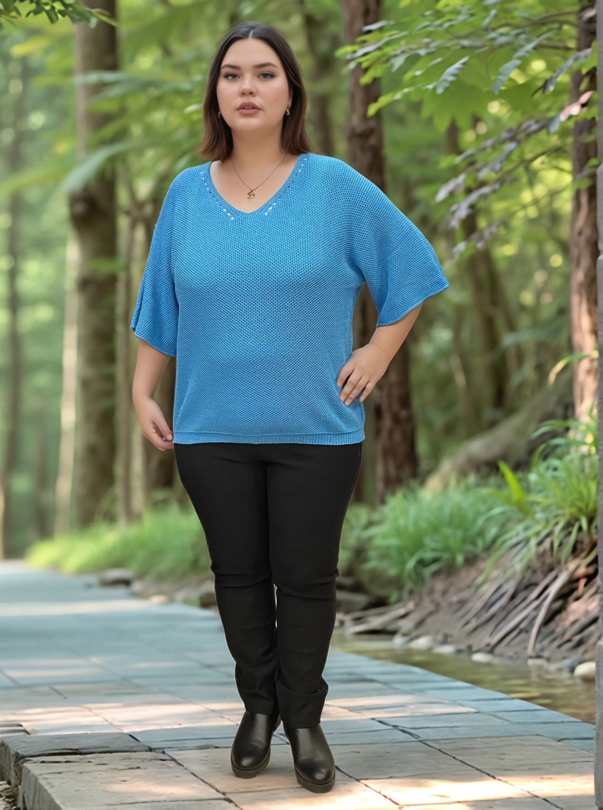 V Yaka Petek Örgü Merserize Bluz - MAVİ