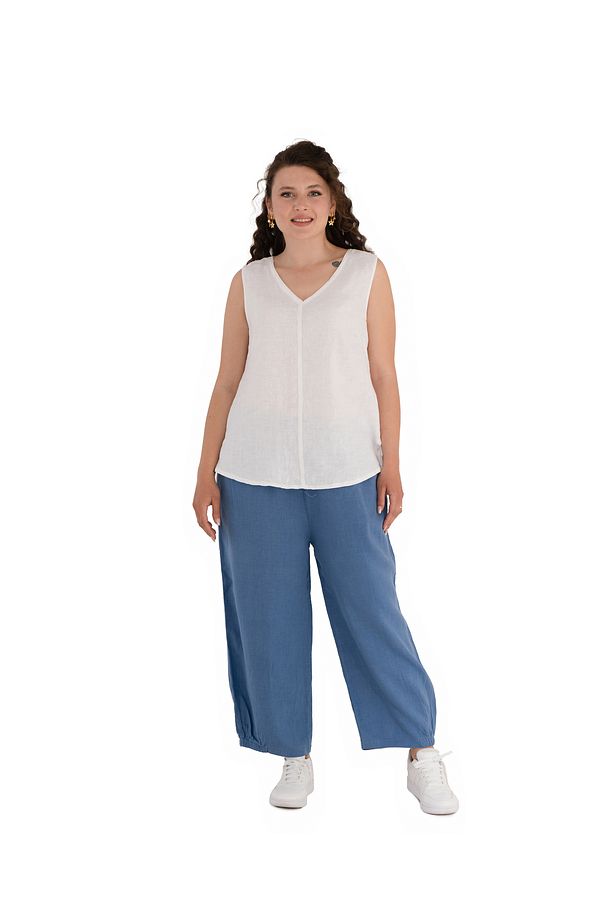 %100 NATURAL Keten Lastik Paçalı Yoga Pantolon - MAVİ
