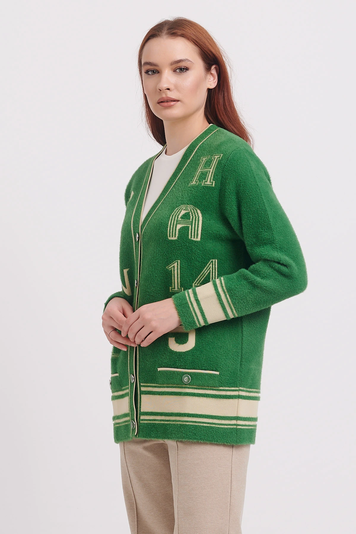 On Desenli Kalın Triko Hırka Yeşil