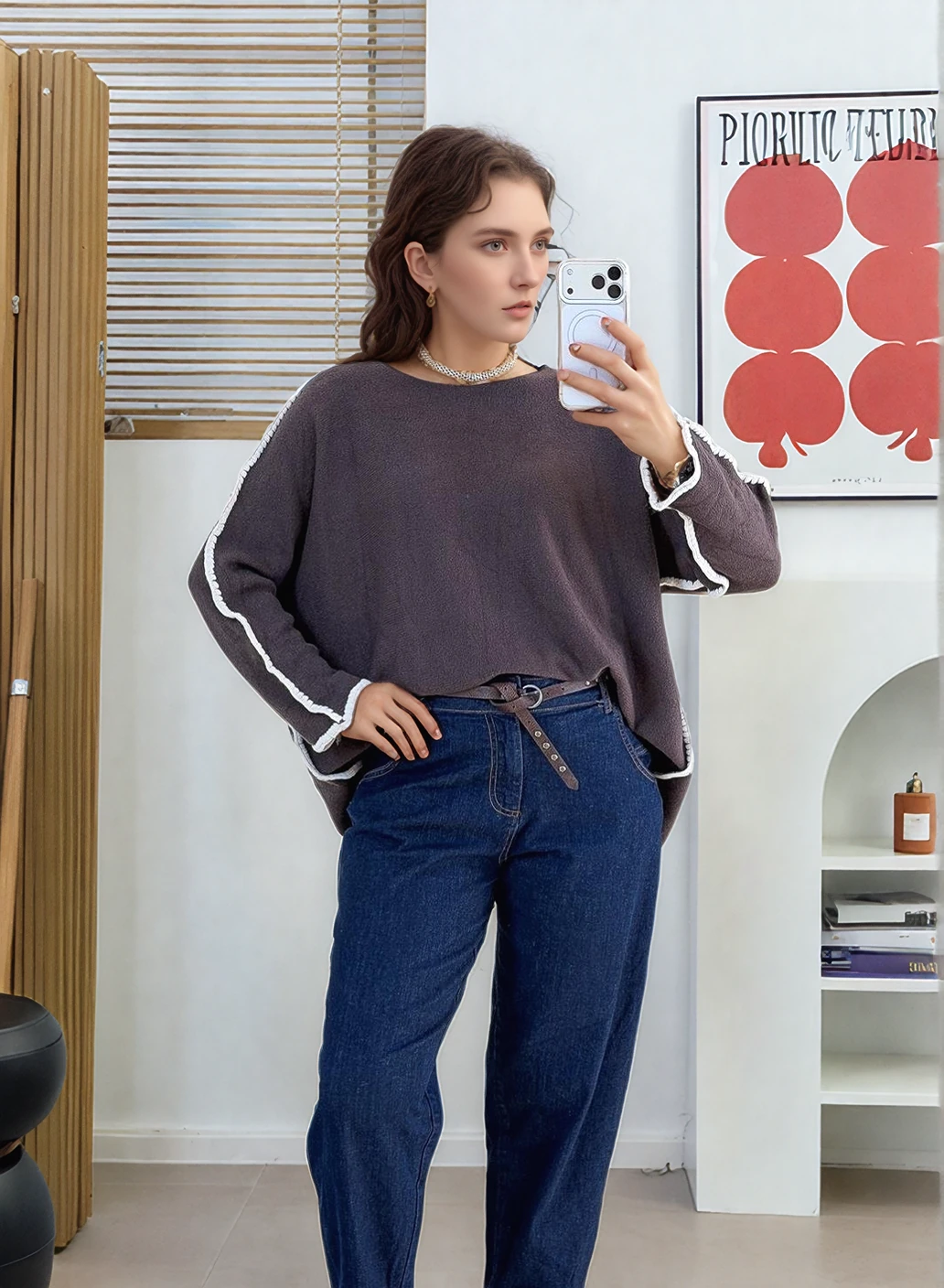 Kenarları Örgü Şerit Detaylı Triko  - KAHVE